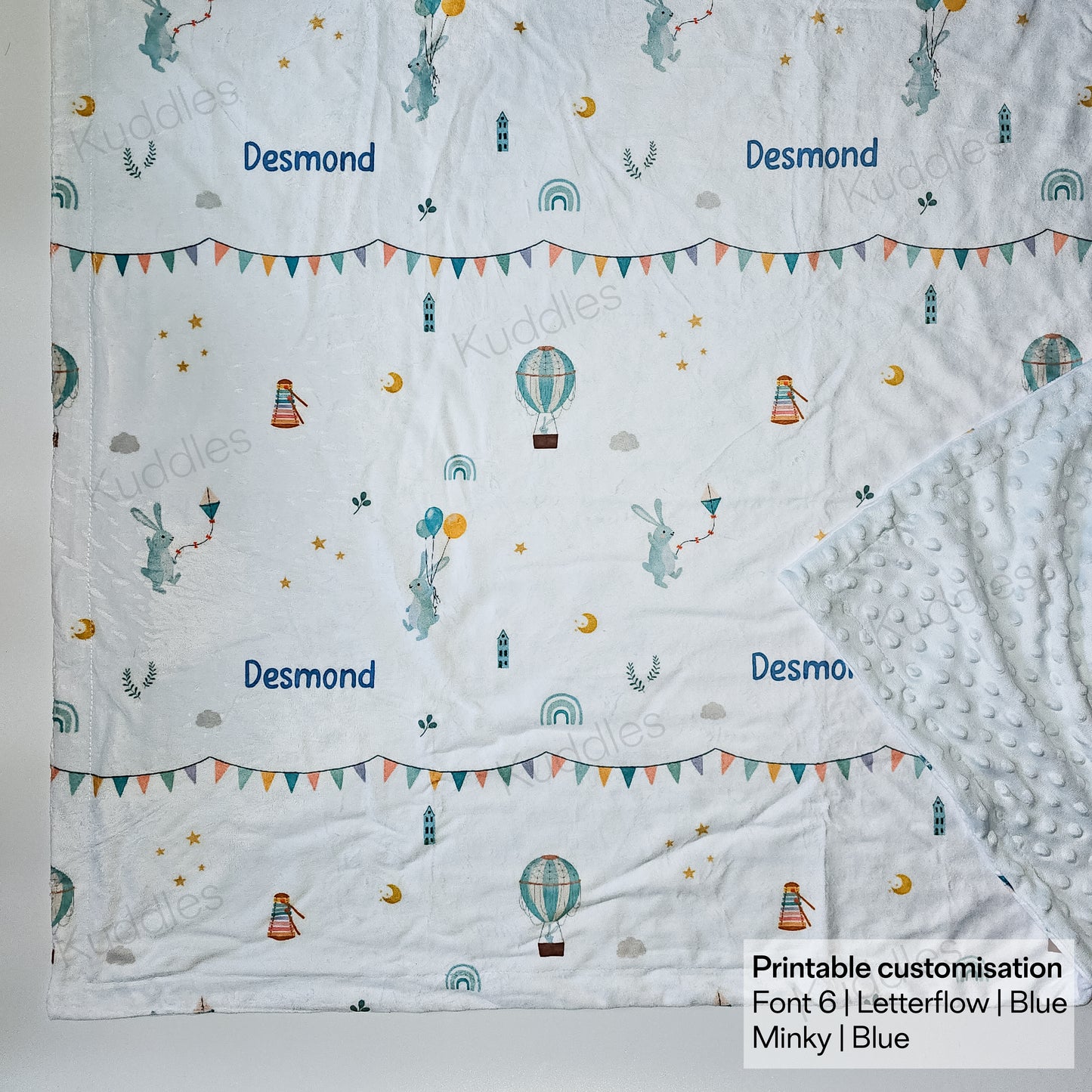 (Made-to-order only) Bunnies Jamboree (Blue) Reversible Minky Blanket