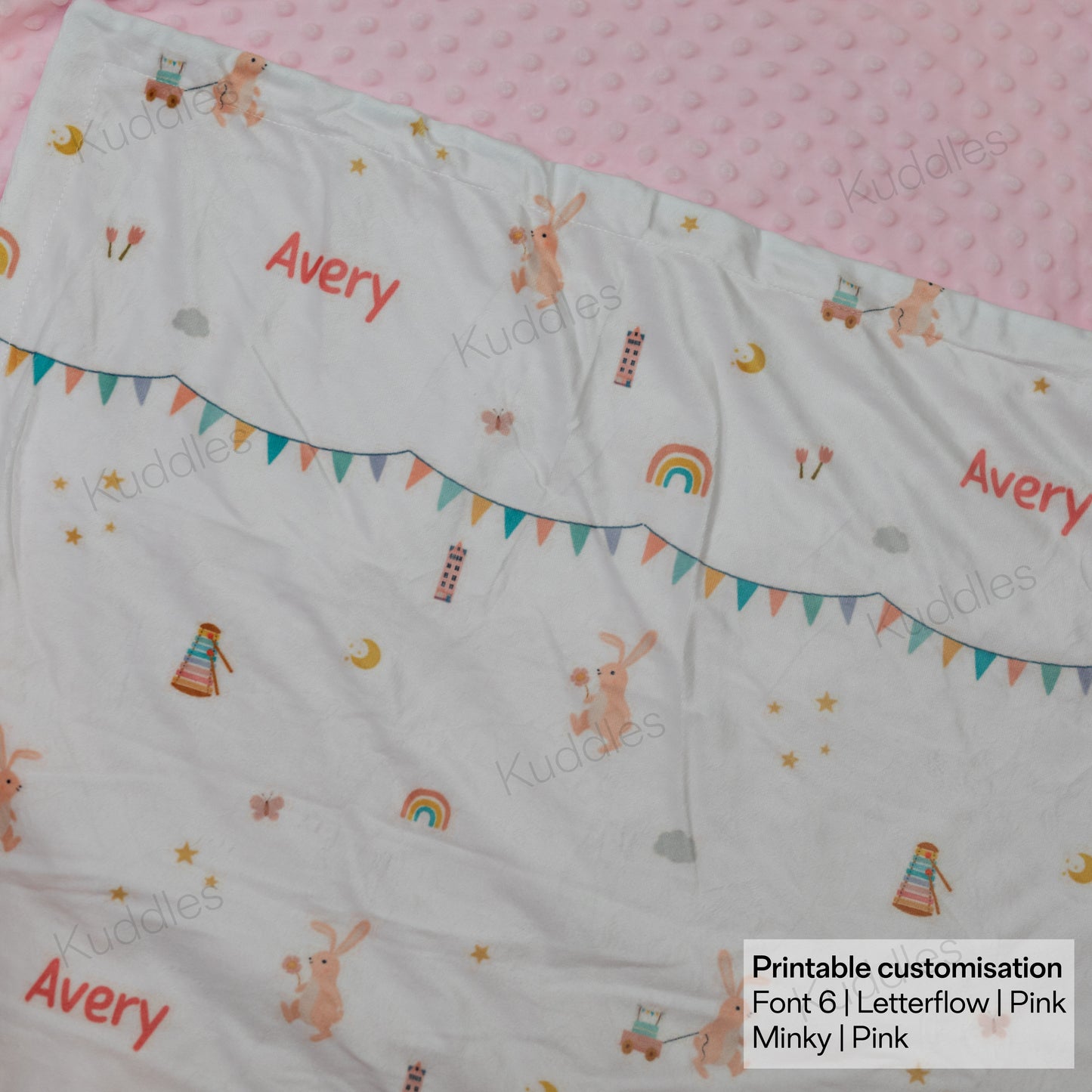 (Made-to-order only) Bunnies Jamboree (Pink) Reversible Minky Blanket